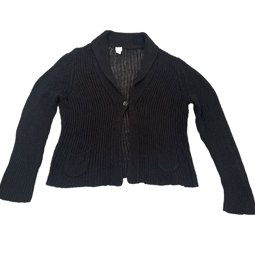 J Jill Cardigan Sweater M Black V Neck Single Button 100% Cotton, Shawl Collar - Picture 1 of 10